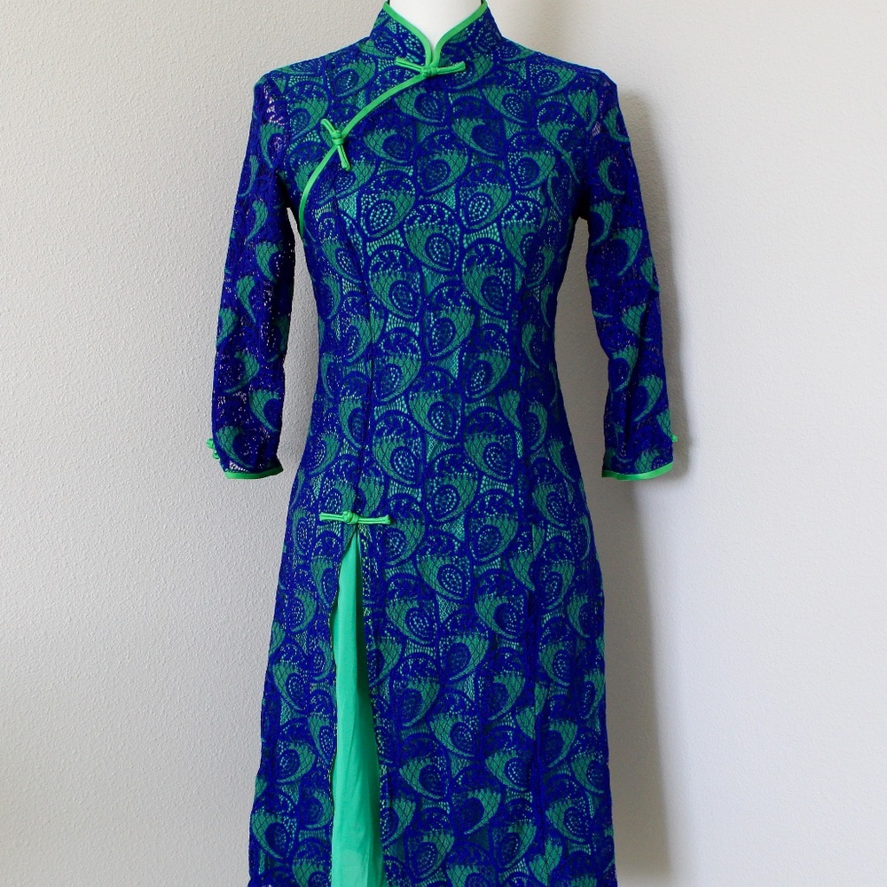Vibrant Blue & Green Lace Overlay Qipao Dress